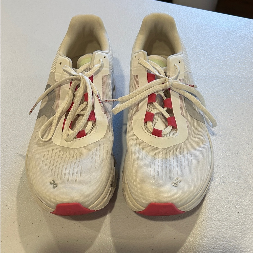 On Cloud Cloudmonster White and Pink Athletic Sneakers